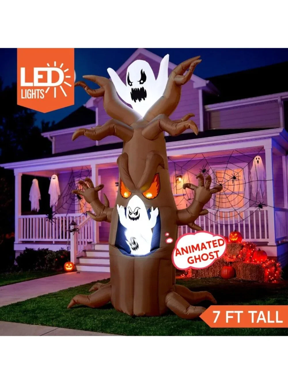 7 Ft Halloween Inflatable Tree Decor with LED Ghost - Outdoor Blow Up Yard